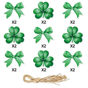 18-piece St. Patrick's Day green clover and bow hanging ornament set with jute rope