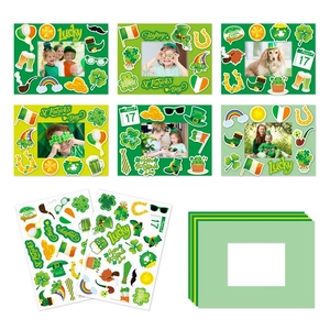DIY St. Patrick's Day photo frame set with green shamrock designs and lucky stickers