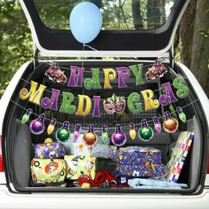 Kit décoration voiture Mardi Gras avec bannière Happy Mardi Gras et masques de fête
