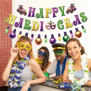 Bannière de fête Mardi Gras avec lettrage Happy Mardi Gras et décorations de masques