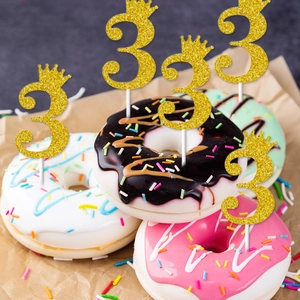 Glittering gold number 3 cake topper with crown design for birthday party decoration