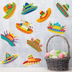 Détail de dix autocollants mexicains colorés en forme de sombreros pour déco Cinco de Mayo