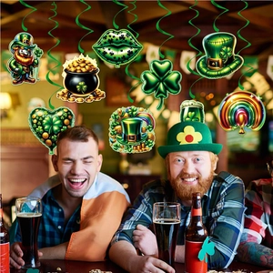 St. Patrick's Day hanging swirl decorations with leprechaun and shamrock icons