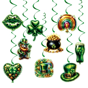 St. Patrick's Day party hanging swirls set with shamrock and festive gnomes decorations