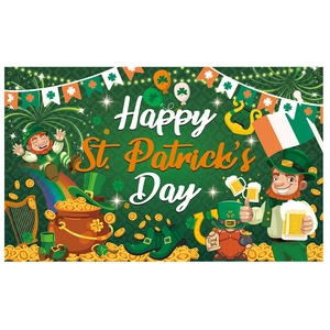 St. Patrick's Day backdrop banner with leprechauns and shamrocks for party decor