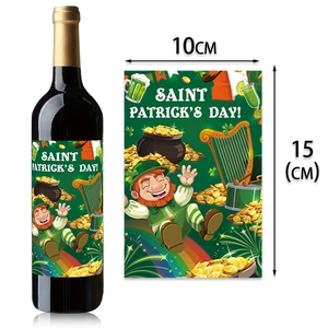 Saint Patrick's Day bottle labels with leprechaun and shamrock motifs, 10x15cm size