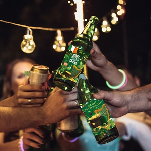 St. Patrick's Day beer bottle stickers with Irish party decorations and festive designs