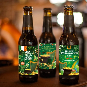 Saint Patrick's Day beer bottle stickers with shamrocks and Irish party designs