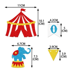 Glitter circus carnival theme cake toppers set with size measurements in centimeters