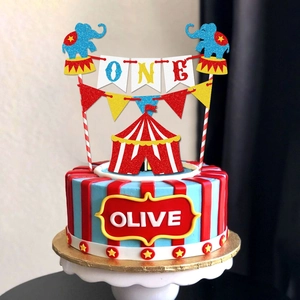 Glitter circus carnival cake topper set with elephant and tent for 1st birthday party
