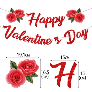 Glittery red Happy Valentine's Day banner with rose decor and precise size details