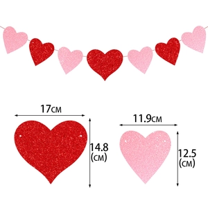 Detailed size specifications for red and pink glitter heart banners for party decor