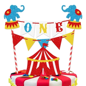 Circus carnival themed first birthday cake topper set with glitter elephants and tent