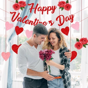 Valentine's Day banner set with red glitter heart pendants and romantic couple scene