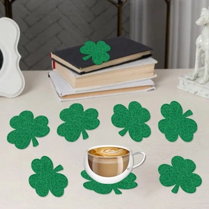 Set of 8 green shamrock coasters for St. Patrick's Day table decoration and party atmosphere