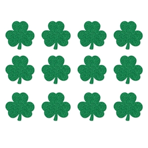 Set of 12 green glitter shamrock coasters for St. Patrick's Day table decoration