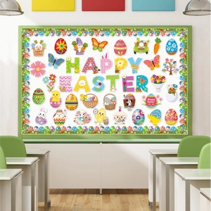 Easter bulletin board decorations set with Happy Easter letters, bunnies and colorful eggs