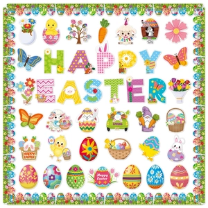 Happy Easter Bulletin Board Decorations Set Paper Bunny Egg Chick Spring Classroom School Office Wall Party Decor Cutouts