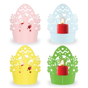 Easter cupcake liners with rabbit and egg patterns in pastel pink blue yellow and green