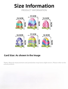 Detailed size chart for Easter cardboard egg decorations with dimensions and specs