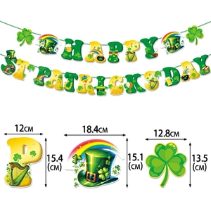 Detailed size specifications for St. Patrick's Day banner letters and festive shamrock icons