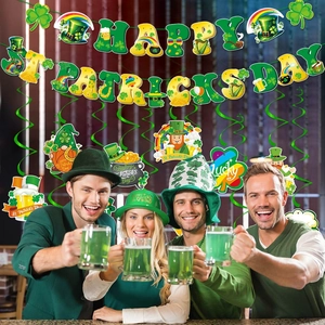 St. Patrick's Day party decoration set with shamrock banner and spiral ceiling hangers