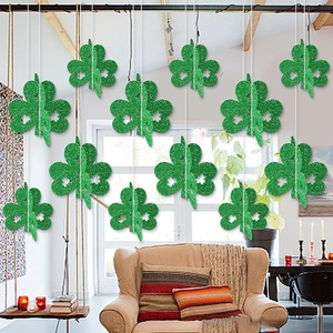 12-pack 3D green glitter shamrock hanging decorations for St. Patrick's Day party decor
