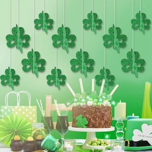Set of 12 green glitter shamrock hanging ornaments for St. Patrick's Day party decorations