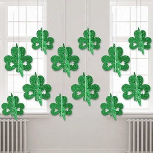 St Patricks Day Shamrock Hanging Decorations Green Glitter 3D Clover Ornaments Irish Festival Party Ceiling Wall Decor