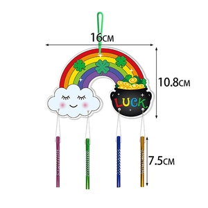 Detailed view of St. Patrick's Day wind chime with Luck motif and size measurements