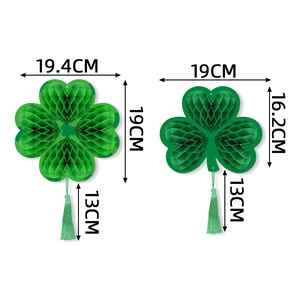 St. Patrick's Day green honeycomb paper shamrock and clover hanging decorations with tassels
