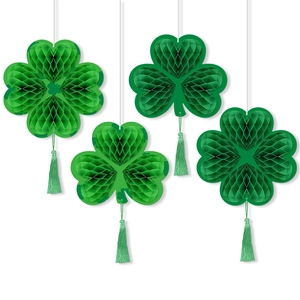 St Patrick's Day Hanging Decorations Green Honeycomb Paper Shamrock Clover With Tassels Irish Party Ornament