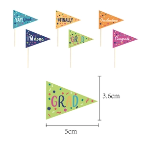 Detail showing colorful graduation mini banner flags with size specifications 5cm x 3.6cm
