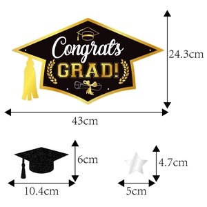 Graduation party hanging decorations set featuring black and gold congrats grad hat signs