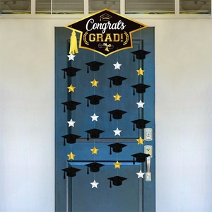 Congrats Grad graduation door hanger with glitter black and gold stars and mortarboards