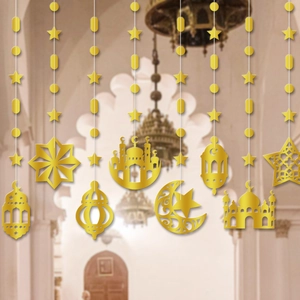 Golden Ramadan hanging decorations featuring mosque, star, moon, and lantern patterns