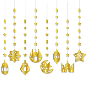 Eid Ramadan Hanging Garland Metallic Glossy Paper Mosque Moon Star Lantern Party Decor Home Festive Ornament