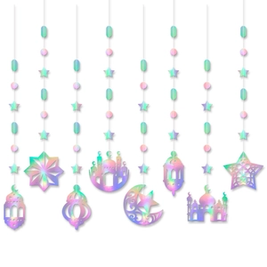 Iridescent Ramadan hanging ornaments featuring mosques and stars on white background