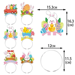 Detailed size chart for 6 Easter headbands featuring festive rabbits and colorful eggs