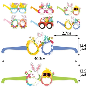 Easter paper glasses set with bunny and egg designs, showing six styles and size dimensions