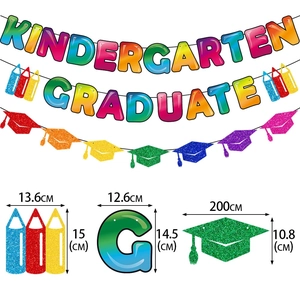 Colorful Kindergarten Graduate banner set with pencil decor and mortarboard hat dimensions