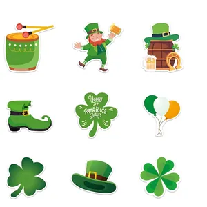 St. Patrick's Day green stickers set with shamrocks and gnomes on white background