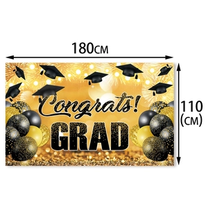 Congrats GRAD graduation party backdrop in black and gold with balloons and cap, 180x110cm