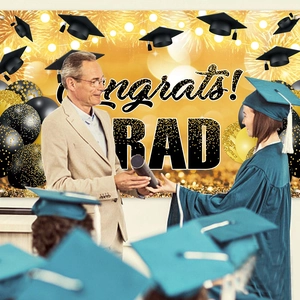 Black and gold graduation backdrop with Congrats GRAD text and flying caps for party
