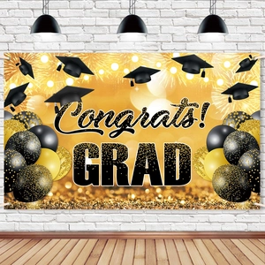 Graduation Party Backdrop Polyester Congrats GRAD Banner Black Gold Glitter Mortarboard Balloon Ceremony Decor