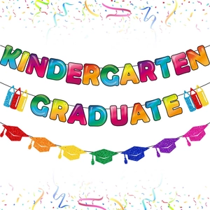 Kindergarten Graduate Banner Colorful Gradient Glitter Paper Graduation Cap School Classroom Party Backdrop Decoration