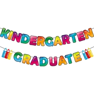 Colorful Kindergarten Graduate banner with pencil accents for graduation party decor