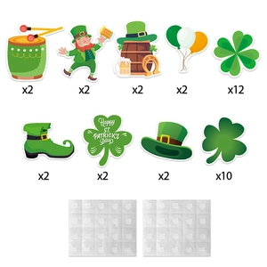 Set of St. Patrick's Day decorations featuring shamrocks, leprechaun hats and party stickers