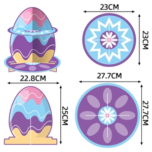 Detailed dimensions of Easter egg cake stand with floral patterns and assembly parts