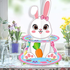 Detailed view of the 2-tier Easter cardboard cupcake stand featuring bunny and egg patterns